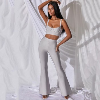 Bandage 2 Two-piece Set Sleeveless Tight Short Top & High Waist Flared Trousers Pants Set